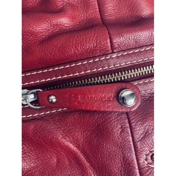 B. Makowsky Red / Purple Soft Leather Tote Bag with Leopard Lining & Zip Pockets - Picture 4 of 11